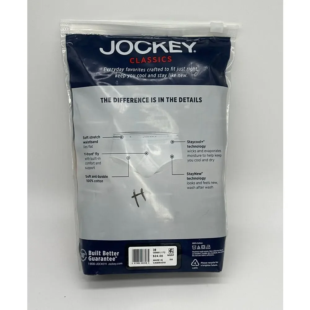 Jockey Classics Men's Low-Rise Briefs 38 White Stay Cool Technology NEW Cotton